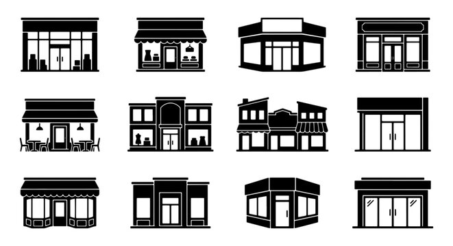 Black storefront icons set, 12 shop front vector silhouettes, commercial retail building facades, minimalist boutique and restaurant exterior designs