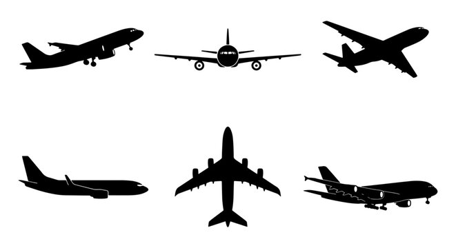 Airplane silhouette vector set, 6 commercial aircraft icons in various flight angles, black jet plane shapes for travel and aviation design