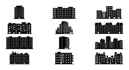 Black building silhouettes set, 12 modern city architecture icons, urban skyscraper and apartment block vector collection for real estate web design © PixelArtBox