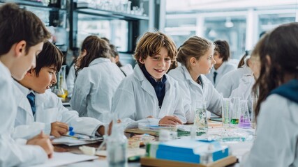 Fototapeta premium Children in lab coats engaged in a science experiment, learning and exploring together