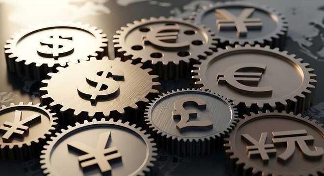 Metallic gears, some displaying currency symbols, interconnected