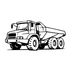 Logotipo con dibujo minimalista con líneas de un camión volquete. Autovolquete cargador para trabajo en minas o canteras  © teracreonte