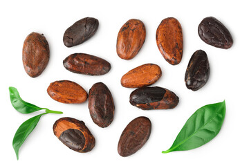 Naklejka premium cocoa beans isolated on white background. Top view. Flat lay