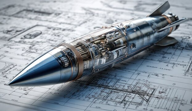 A rocket on a technical blueprint with detailed engineering drawings and specifications