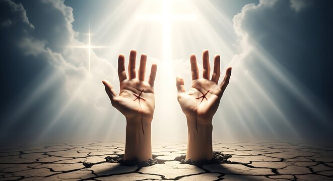 Open hands rise from cracked earth toward a bright cross light
