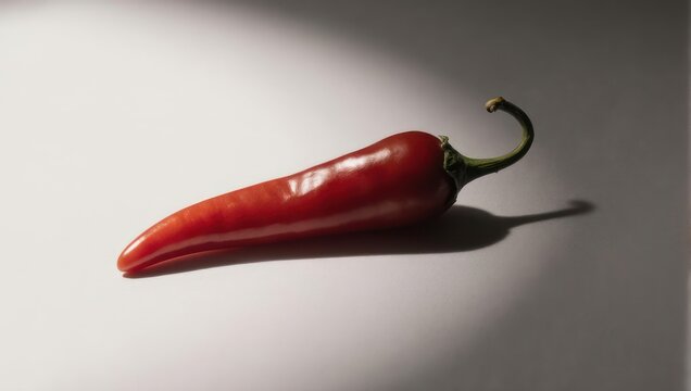 Vibrant Red Chili Pepper on White Surface with Dramatic Lighting.