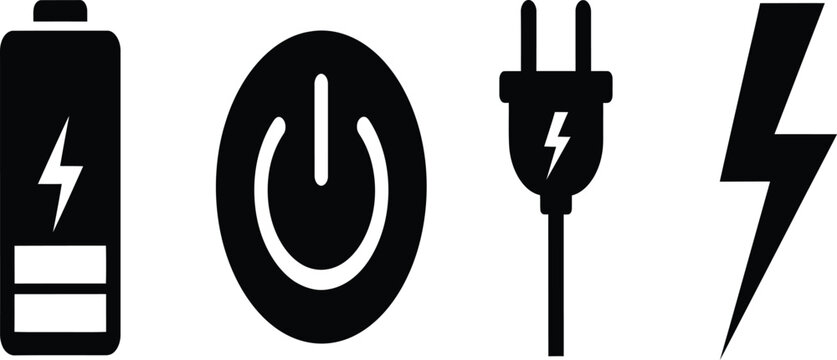 Power symbols battery power button plug and lightning bolt icon set