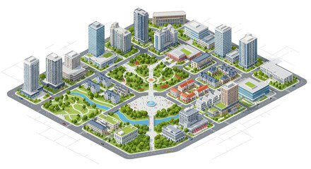 Isometric Cityscape View: Modern Buildings, Parks, and Waterways in a Bustling Urban Environment © Wild