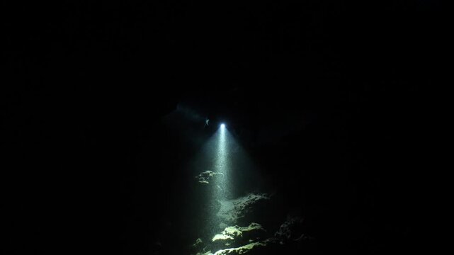 cave diving underwater scuba divers exploring cave dive with torch light in cavern ocean scenery