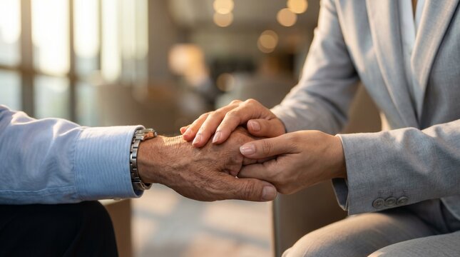 The Empathetic Clasp: Ultra-Realistic Macro of Thai-Korean Advisor's Two-Handed Handshake
