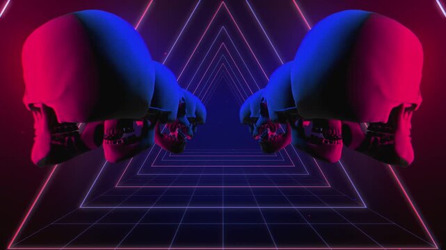 A symmetrical seamless blue and red 3d motion loop showcasing rows of grinning skulls with luminous eyes within an infinite triangle geometric passage and a gridded floor