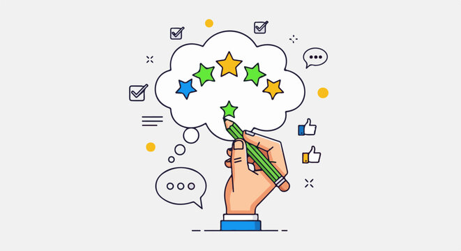 Hand drawing stars on a cloud, representing a rating or review