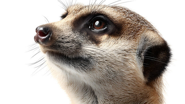 Ultra realistic HD meerkat looking up curious pose fur detail, isolated on white background