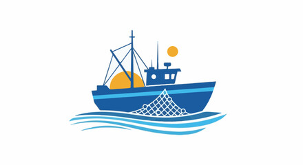 Naklejka premium A blue fishing boat with nets and sun on ocean waves