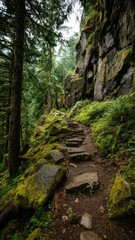 Fototapeta premium Stone staircase winding through a lush, moss-covered forest with towering trees and rocky cliffs