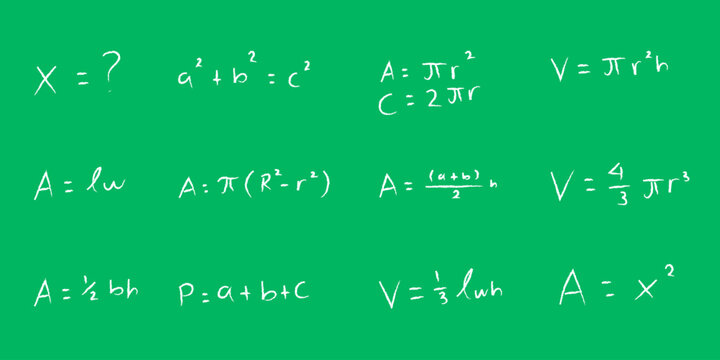 Hand-Drawn Mathematical Geometry Formulas on Green Chalkboard Background