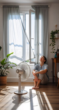 Young woman cooling down in front of a fan inside during a summer heatwave. Female sitting on the floor enjoying the breeze