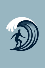 Fototapeta premium Vacaciones en la playa. Logo club de surf. Dibujo con siluetas de un joven surfista en una tabla de surf en el interior de una ola de mar