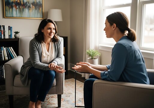 Two women talking indoors during daylight in a room with a large window