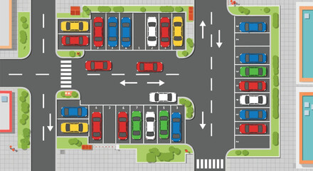 Aerial view of a parking lot with colorful cars and directional arrows © PROMA