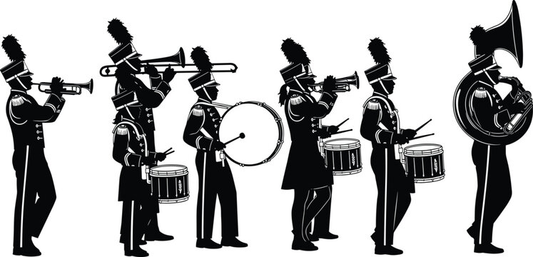 Detailed black silhouette illustration of a marching band performing in uniform with various musical instruments including drums, trumpets, trombone, and sousaphone on white background