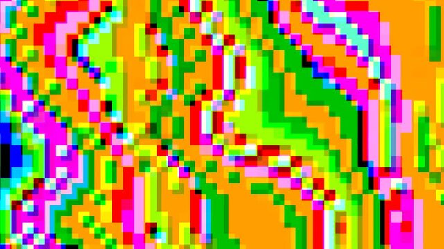 Bright neon green and magenta 8-bit pixel sorting with digital distortion flickering across the frame. Looping retro glitch texture for Cyber Monday sale graphics and motion graphics design.