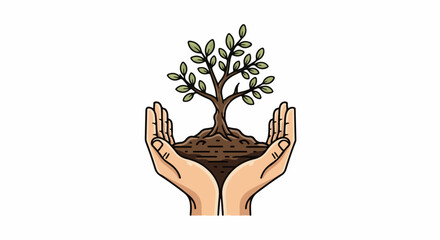 Fototapeta premium Two cupped hands cradle a young tree with roots in soil