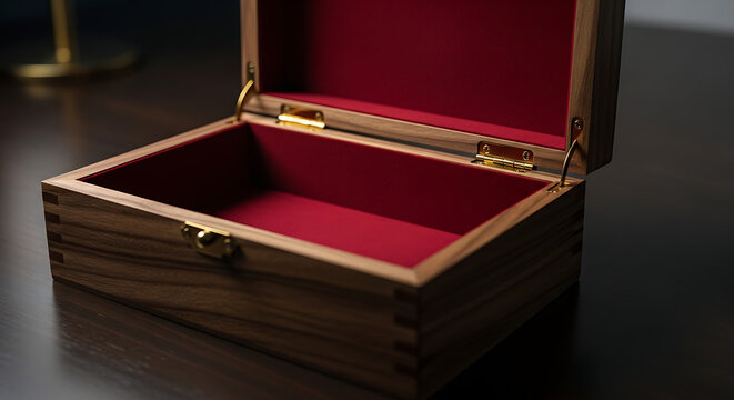 Wooden jewelry box with red interior.
