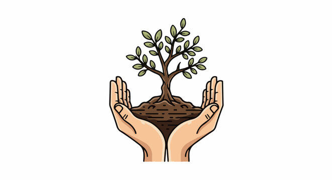 Two cupped hands cradle a young tree with roots in soil
