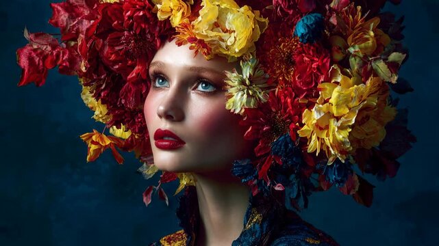 Portrait of a woman with vibrant autumn floral headpiece and striking makeup against dark background