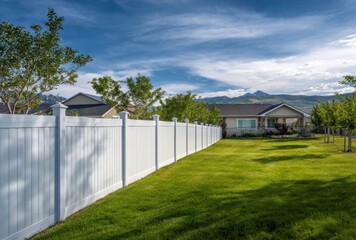 Fototapeta premium White vinyl fence with posts and caps enclosing a green yard in front of a house under blue sky