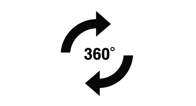 A black circular arrow with text indicating a 360 degree rotation silhouette