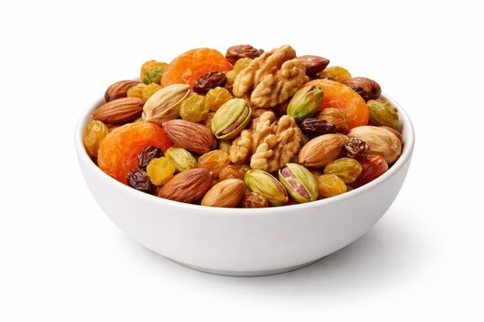 premium trail mix in a matte white ceramic bowl with dried apricots almonds pistachios walnuts and golden raisins healthy snack hero isolated on white background