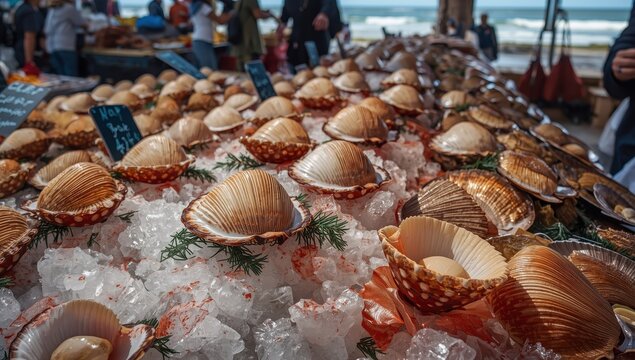 Fresh Atlantic bay scallops in shells, caught today at Oostende fish market, North Sea, Belgium.