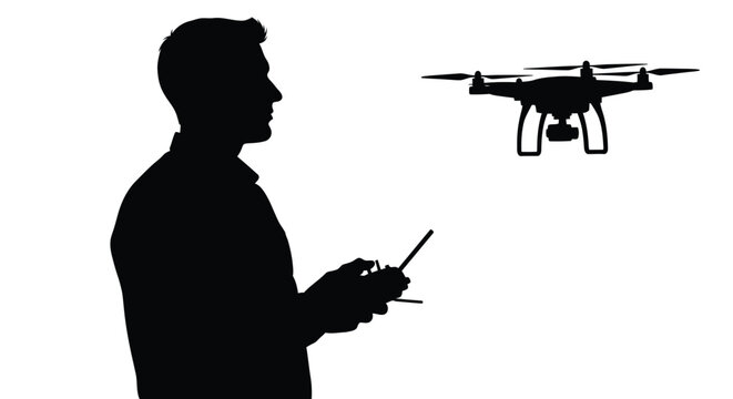 Silhouette of a man operating a drone with a remote controller