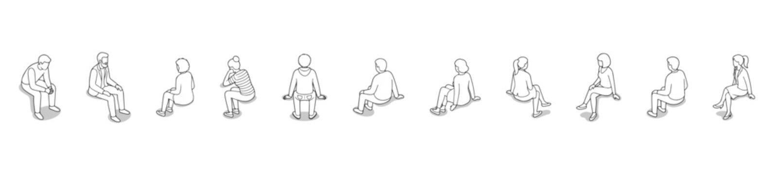 Top View People at Tables Vector Set, Overhead Perspective Minimalist Figures with White Fill for Architectural Restaurant Plans and Cafe Interior Drafting