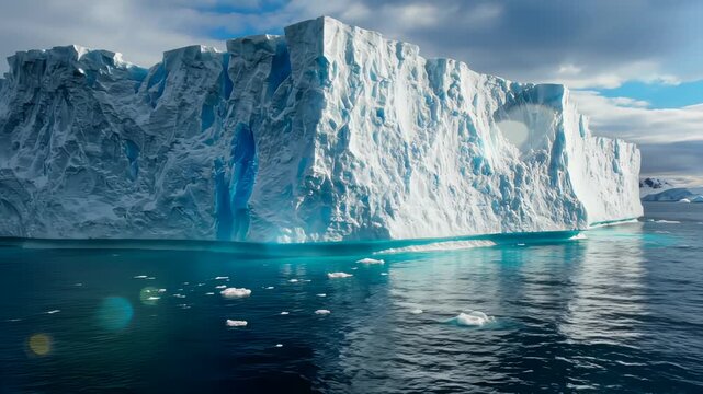 Iceberg floats in calm ocean surrounded by water. Detailed textures and blue colors highlight natural formation. Concept of environmental science, tourism, oceanography