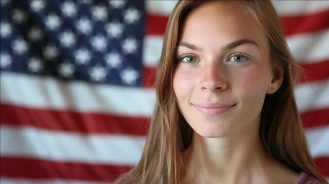 A young woman with a bright smile posing against an American flag backdrop.