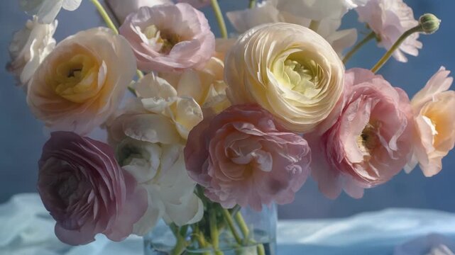 Elegant bouquet of pastel ranunculus flowers in glass vase with soft natural light background