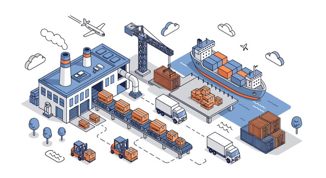 Logistics and Shipping: Factory to Port with Cargo Ship, Trucks, and Crane