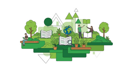 Naklejka premium Sustainable Education Concept: People Learning in Nature with Books and Globe