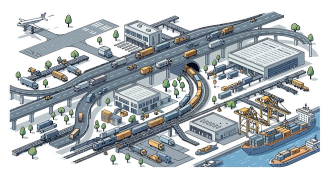 Logistics hub: trucks, trains, planes, and ships in an interconnected transportation network.