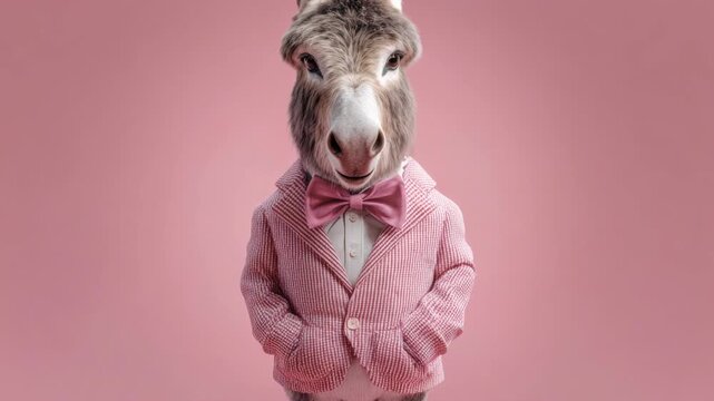 Funny donkey dressed in pink suit and bow tie on a pink background with hands in pockets