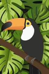 Fototapeta premium Colorful toucan perched on a branch amidst lush tropical foliage