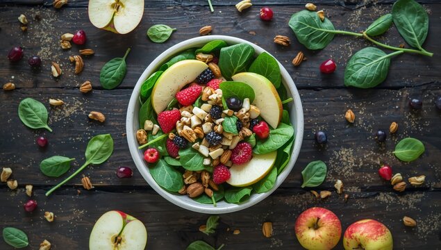 overhead view of salad with spinach, apple, nuts, and fresh berries on a dark surface