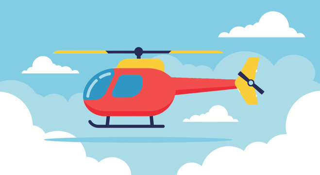 Red helicopter flying in a blue sky with clouds, flat design illustration