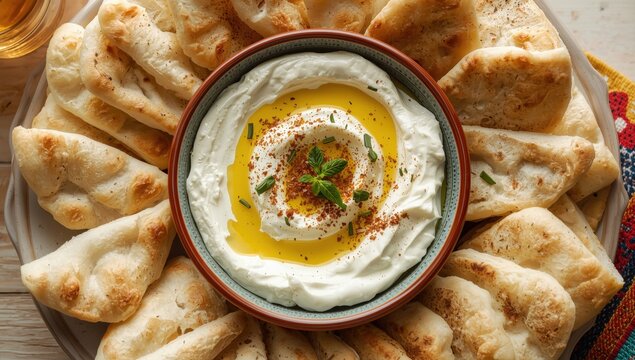 Labneh cheese dip with pita bread for a classic Middle Eastern breakfast. Top view of Greek yogurt in a bowl, empty space.