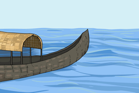 A stylized illustration of a traditional houseboat on calm blue water