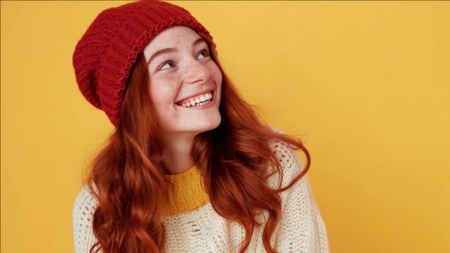 A cheerful individual with long wavy locks wearing a beanie and an amicable expression against a vibrant backdrop.