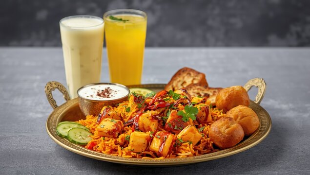 Classic Indian combo featuring paneer tikka biryani, raita, shami kabab, drinks, and gulab jamun, presented in a dish for Ramadan family special on a grey backdrop.